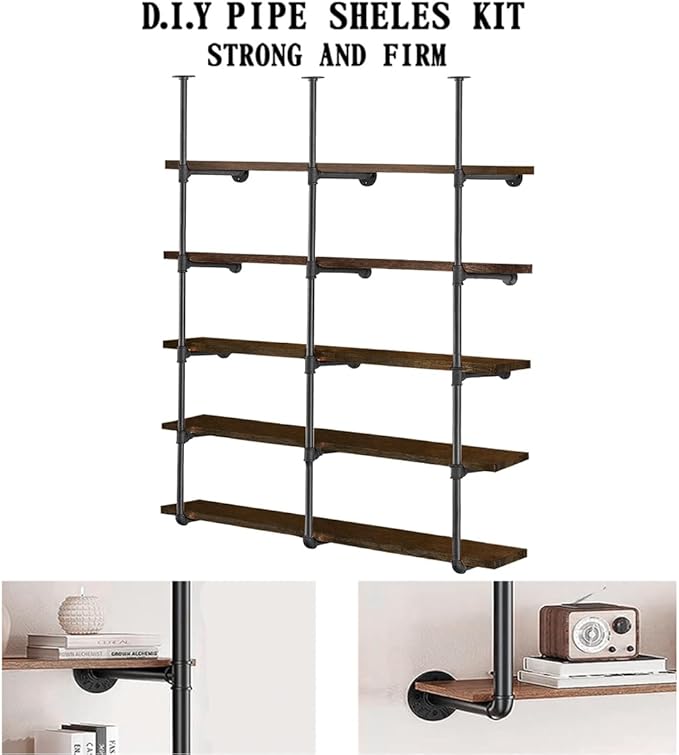 HITOMEN Industrial Iron Pipe Shelves, 3 Set 5-Tier 70.5" Tall 12" Depth, DIY Open Bookshelf Bookcase, Wall Mounted Vintage Retro Shelving, Rustic Farmhouse Pantry Kitchen Storage, Black Shelf Brackets