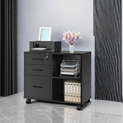 Panana 3 Drawer Office File Cabinets, Mobile Lateral Printer Stand with Open Storage Shelf, Rolling Filing Cabinet with Wheels Home Office Organization and Storage (Black)