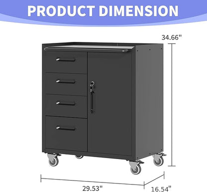Metal Garage Storage Cabinet on Wheels, Lockable Rolling Tool Cabinet with Drawer and Shelves, Heavy Duty Mobile Steel Cabinet for Garage Warehouse Workshop