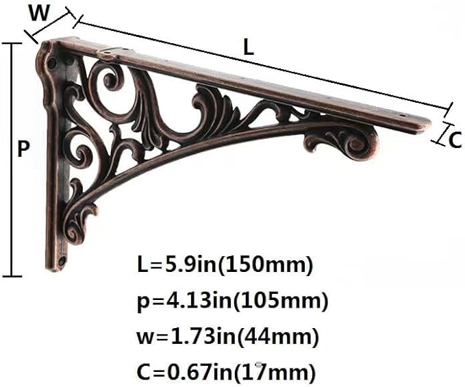 Decorative Shelf Bracket 6 inch, Antique Copper Brackets for Shelving, Heavy Duty Vintage, DIY Projects, Hardware Included, 4 Pack, 5.9x4.17x1.73 inch，Baroque Style
