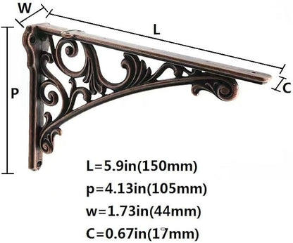 Decorative Shelf Bracket 6 inch, Antique Copper Brackets for Shelving, Heavy Duty Vintage, DIY Projects, Hardware Included, 4 Pack, 5.9x4.17x1.73 inch，Baroque Style