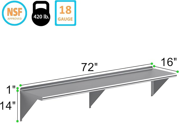 NSF Certified 18 Gauge Heavy Duty Stainless Steel Wall Shelf with Brackets for Kitchens, Utility Rooms, Storage, Offices & Home (72"x16")