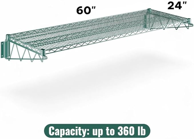 24" x 60" Green Wall-Mounted Wire Shelf with Epoxy Coating, Heavy-Duty Steel Storage Rack, NSF Certified, Easy Installation, Open Wire Design for Kitchen, Garage, or Utility Storage