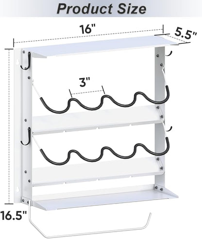 Spray Paint Can Holder with Paper Towel Holder for Home Garage Organizer, Wall Mount Paint Bottle Tool Utility Storage Rack with 8 Holes & 2 Shelf for Shop, White