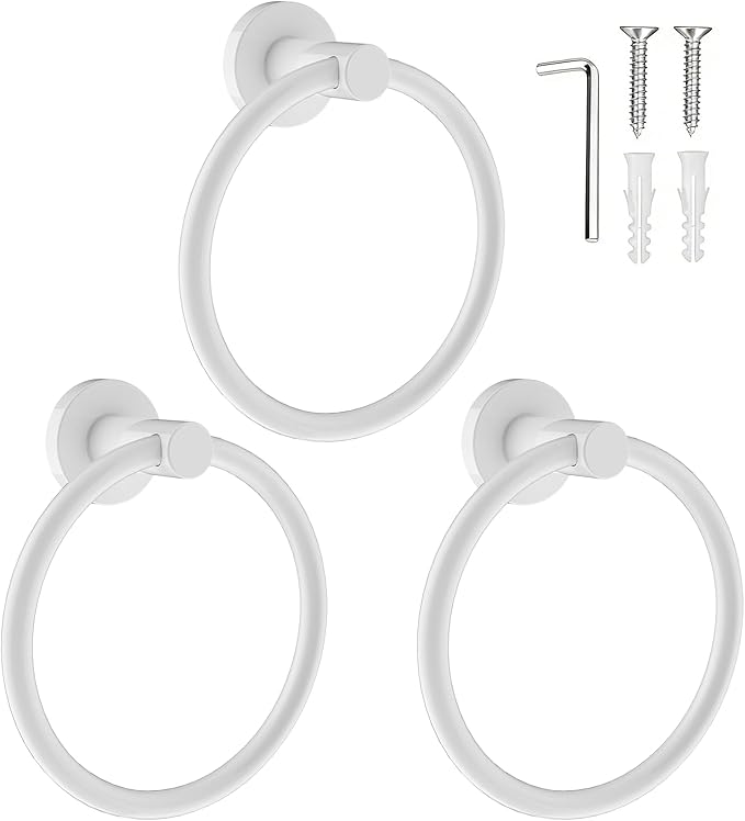 SetSail Towel Holder for Bathroom Wall White Towel Ring Stainless Steel Hand Towel Holder Screw-in Towel Hanger for Bathrooms, 3 Packs