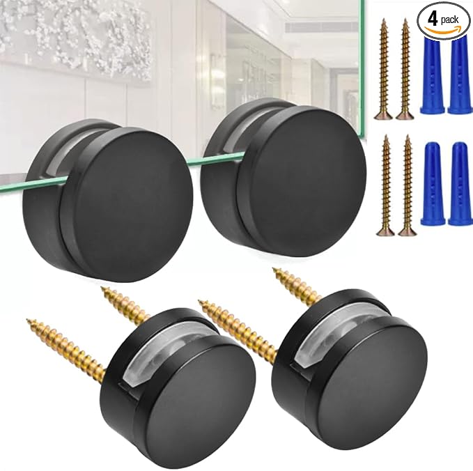 AccEncyc Black Upgraded 3-5mm Frameless Mirror Mounting Hardware 4 Pack Dual-Screw Fixing Mirror Mounting Kit with Heavy Duty Long Screws and Anchors (4 Pack)