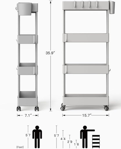 Pipishell Slim Storage Cart with Wheels, 4 Tier Bathroom Storage Organizer Rolling Utility Cart for Bathroom Kitchen Laundry Room Office Narrow Place (Gray)