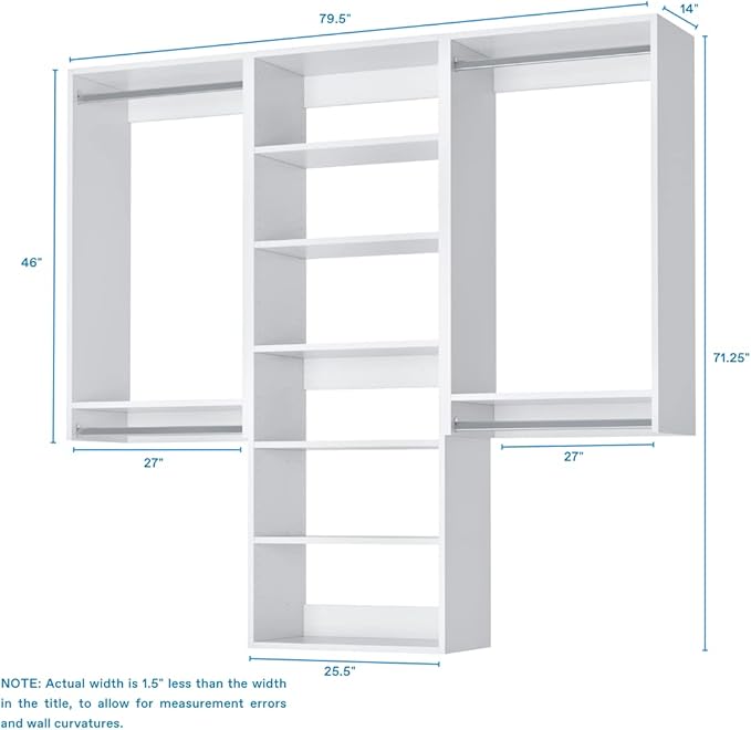 Modular Closets Vista Collection Closet Organizer System - 3 Piece Wall Mounted Kit with Hanging Rods & Shelves, White, Fits Closets 81” or wider