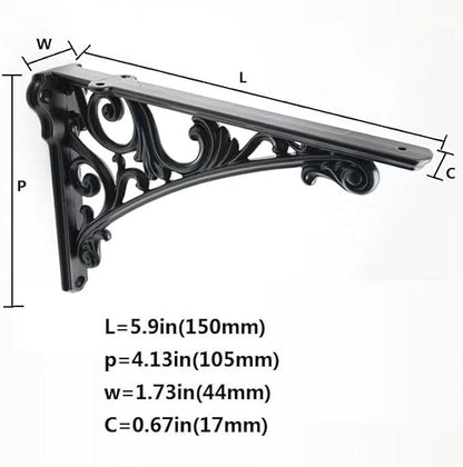 Decorative Shelf Bracket 6 inch, Black Brackets for Shelving, Heavy Duty Vintage, DIY Projects, Hardware Included, 4 Pack, 5.9x4.17x1.73 inch，Baroque Style