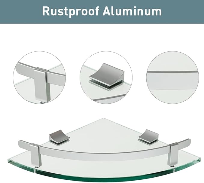 Bathroom Shelves, Glass Shelf Wall Mounted Glass Corner Shower Shelf with Aluminum Rail for Bathroom (2 Packs)