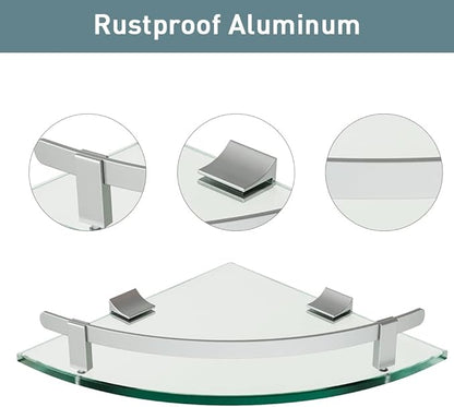 Bathroom Shelves, Glass Shelf Wall Mounted Glass Corner Shower Shelf with Aluminum Rail for Bathroom (2 Packs)