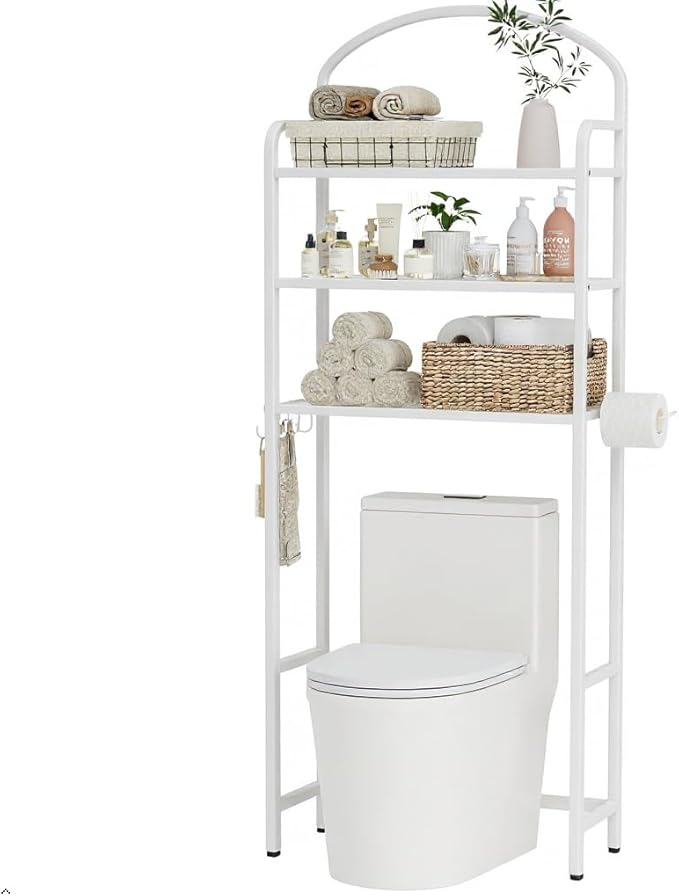 3-Tier Over The Toilet Storage, Bathroom Organizer, Space-Saving, Above Toilet Storage Rack with 4 Hooks and Paper Holder, Metal Shelf, White