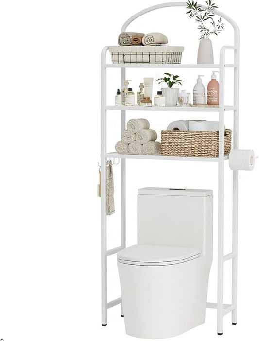 3-Tier Over The Toilet Storage, Bathroom Organizer, Space-Saving, Above Toilet Storage Rack with 4 Hooks and Paper Holder, Metal Shelf, White