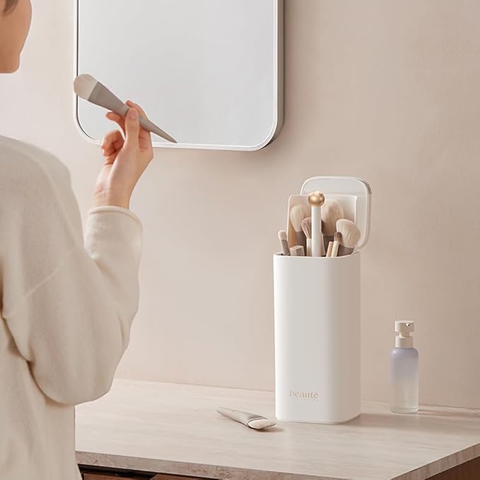 Automatic Lifting Makeup Brush Holder with Lid Dustproof Cosmetic Organizers for Vanity-White