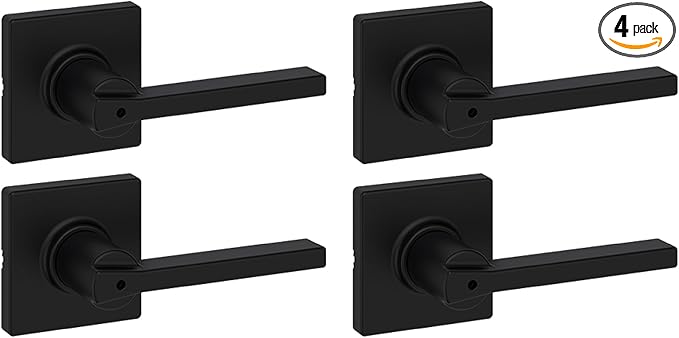 Kwikset Casey Interior Privacy Door Handle with Lock 4 Pack, Door Lever for Bathroom and Bedroom, Matte Black Reversible Keyless Turn Lock, with Microban Protection