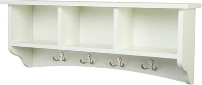 Shaker Cottage 36-Inch Wall-Mounted Coat Rack with 3 Open Shelves – Transitional Entryway Organizer, Mudroom Storage Shelf with 4 Hooks – Space-Saving Wall Storage by Alaterre Furniture (Ivory)
