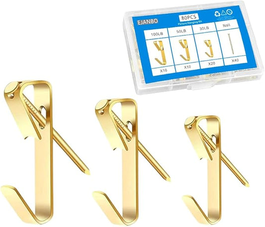 80pcs Picture Hanging Kit,3 Size Picture Hangers Including 30/50/100lbs,Picture Frame Hooks with Nails,Hanging Nails for Wall Art for Wooden Wall Or Drywall (40Hangers+40Nails) (100 50 30LB 80Pcs)