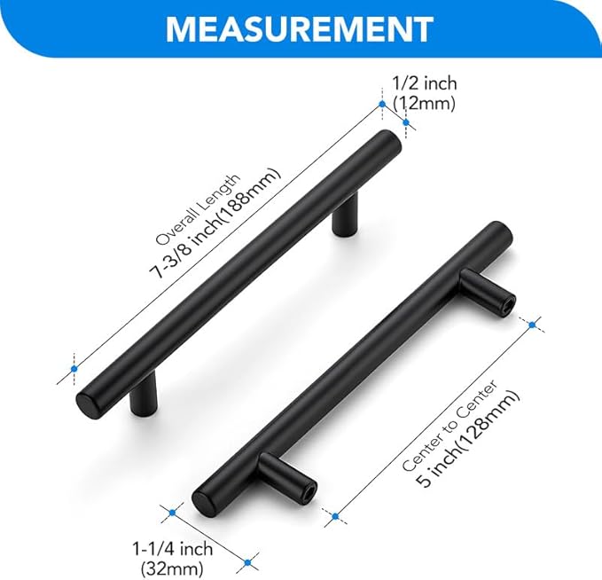 Black Cabinet Handles 5 Inch Hole Spacing Stainless Steel Drawer Pulls for Cabinets, Dresser, Bathroom 20 Pack