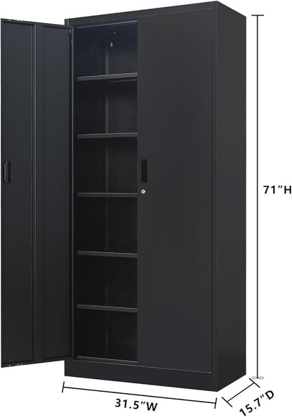 CJF Metal Storage Cabinet, 71" H Locking Cabinet with 5 Adjustable Shelves for Garage, Classroom, School, Home, Office, Pantry-Black