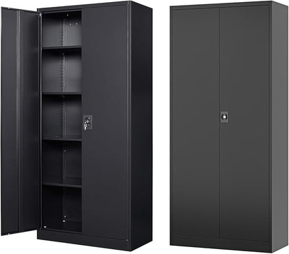 Metal Storage Cabinet-72” Black Tall Steel File Cabinets with Lockable Doors and Adjustable Shelves-Black Steel Storage Cabinet for Kitchen, Office, Garage