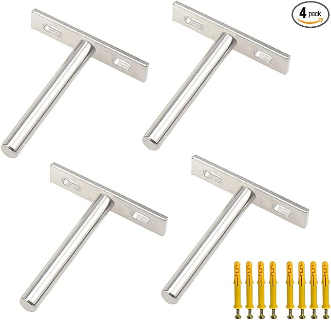 Floating Shelf Bracket 3-inch Hidden Shelf Brackets for Wood Shelves Wall Mount Blind Shelf Supports with Screws and Wall Plugs, Silver -4pcs