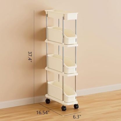 Slim Storage Cart 4 Tier Slim Rolling Utility Cart with Pull-Out Baskets & Wheels for Narrow Space in Kitchen Dining Room Bathroom Laundry Room Cream White (Width 6.3 Inches)