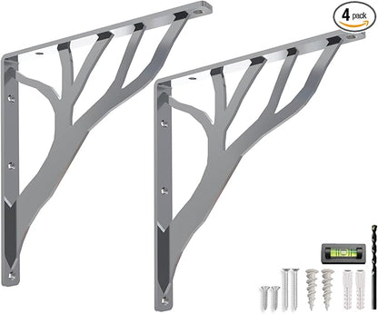 Rustic Tree Chrome Heavy Duty Shelf Brackets 12 inch by Balin Designs, Silver Decorative L Brackets, Iron Metal Floating Shelf Bracket, Wall Mount Shelving Bracket, Included Hardware, Set of 2