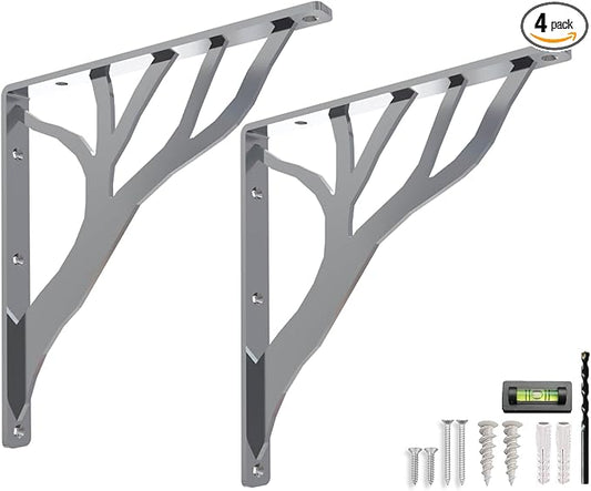 Rustic Tree Chrome Heavy Duty Shelf Brackets 12 inch by Balin Designs, Silver Decorative L Brackets, Iron Metal Floating Shelf Bracket, Wall Mount Shelving Bracket, Included Hardware, Set of 2