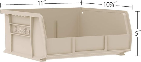 Akro-Mils 30235 AkroBins Plastic Storage Bins, Space-Saving Stackable Bins for Garage, Pantry, Craft Organization, 11" x 11" x 5", Stone, 6-Pack