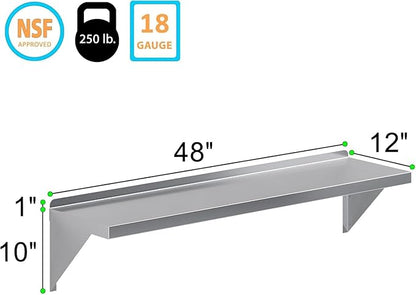 Stainless Steel Wall Shelf | Square Edge | Metal Shelving | Heavy Duty | Commercial Grade | Wall Mount | NSF Certified (12” Width x 48” Length)
