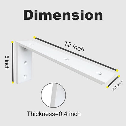 WINKER Countertop Support Bracket 2 Pack Heavy Duty 3/8" Thick Hidden L Shelf Bracket 12" x 6" x 2.5" Metal Corbels for Quartz/Granite/Wood/Concrete/Laminate Countertops, White