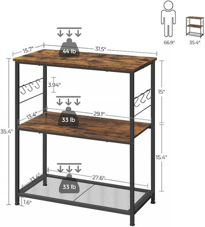 VASAGLE Bakers Rack, Kitchen Shelf, Kitchen Island, Microwave Oven Stand with 3 Open Shelves, 6 Hooks, Metal Frame, 15.7 x 31.5 x 35.4 Inches, Industrial, Rustic Brown and Black UKKI002B01