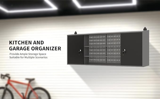 Large Wall Metal Tool Storage Cabinet with Lockable Doors and Removable Shelves for Garage Workshop Utility Room, Black & Grey