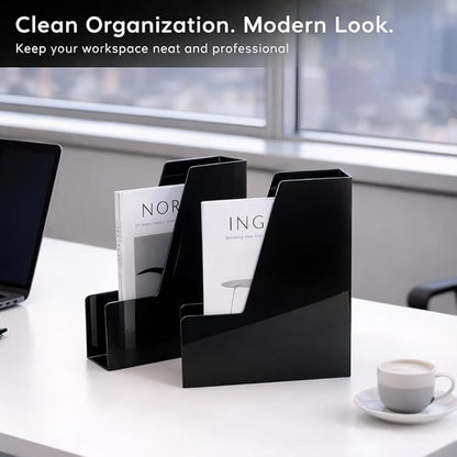 Vertical Magazine File Holder, Desk Organizer and Storage for Magazines, Binders, Notebooks, Envelopes, Multi-Purpose Desktop File Organizer for Home, Office & Classroom, 4 Pack, Black