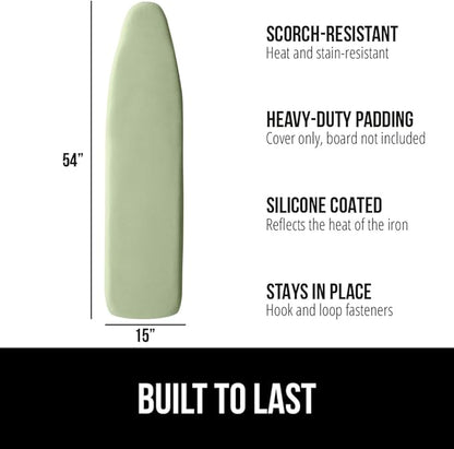 GORILLA GRIP The Original Ironing Board Cover and Pad, Silicone Coating, Thick Scorch Resistant Padding, Heavy Duty Iron Covers Standard Boards, Hook and Loop Fastener Strap, Sage, 15x54