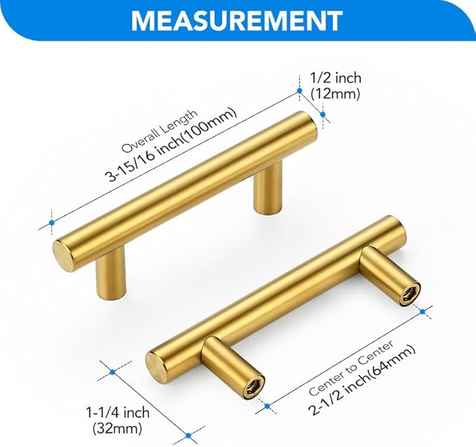 Brushed Brass Cabinet Handles 2-1/2 Inch Hole Spacing Stainless Steel Drawer Pulls for Cabinets, Dresser, Bathroom 20 Pack