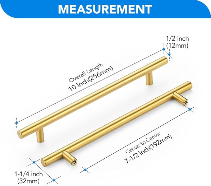 Brushed Brass Cabinet Handles 7-1/2 Inch Hole Spacing Stainless Steel Drawer Pulls for Cabinets, Dresser, Bathroom 10 Pack