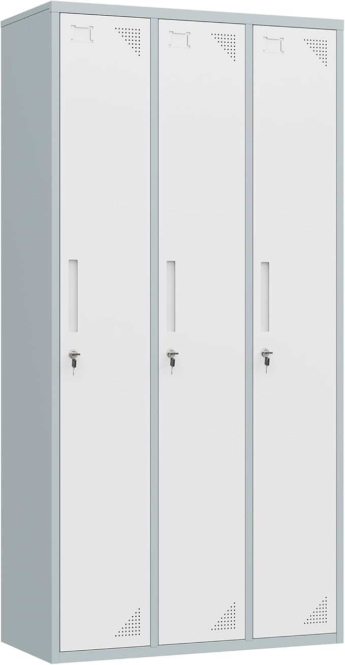 Letaya Metal Lockers for Employees，71" Employees Storage Cabinet with Lock, Steel Storage Locker for Gym, School, Home, Office Staff (Grey White, 3 Door)