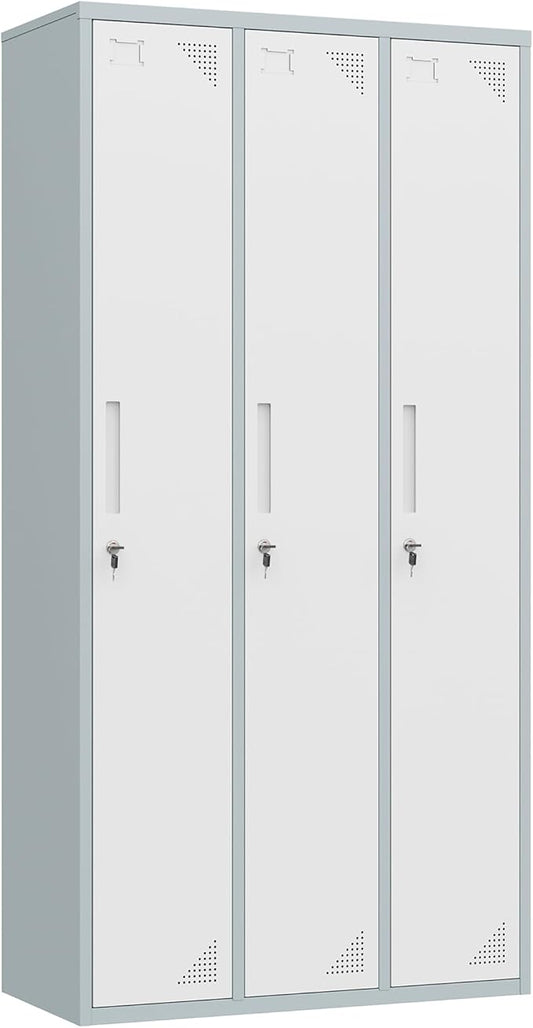 Letaya Metal Lockers for Employees，71" Employees Storage Cabinet with Lock, Steel Storage Locker for Gym, School, Home, Office Staff (Grey White, 3 Door)