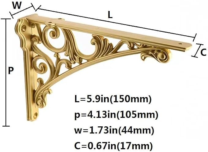Decorative Shelf Bracket 6 inch, Gold Decorative Brackets for Shelving, Heavy Duty Vintage, DIY Projects, Hardware Included, 4 Pack, 5.9x4.17x1.73 inch,Baroque Style