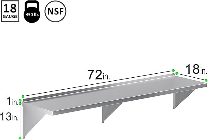 Stainless Steel Wall Shelf | Square Edge Commercial Wall-Mounted Shelf | Heavy Duty Metal Shelving | NSF Certified (18" Deep x 72" Wide)