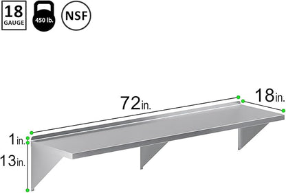 Stainless Steel Wall Shelf | Square Edge Commercial Wall-Mounted Shelf | Heavy Duty Metal Shelving | NSF Certified (18" Deep x 72" Wide)