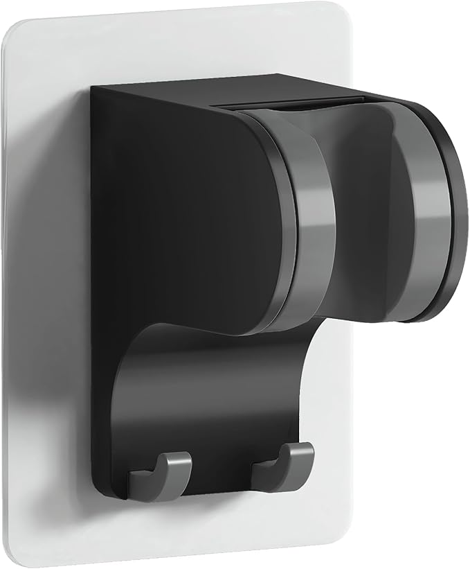 HANLIAN Strong Adhesive Handheld Shower Head Holder Without Drilling, 50° Adjustable Shower Wand Holder Wall Mount with Hooks, Waterproof Hand Held Showerhead Bracket with Hanger(Black, 1 Piece)