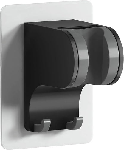 HANLIAN Strong Adhesive Handheld Shower Head Holder Without Drilling, 50° Adjustable Shower Wand Holder Wall Mount with Hooks, Waterproof Hand Held Showerhead Bracket with Hanger(Black, 1 Piece)
