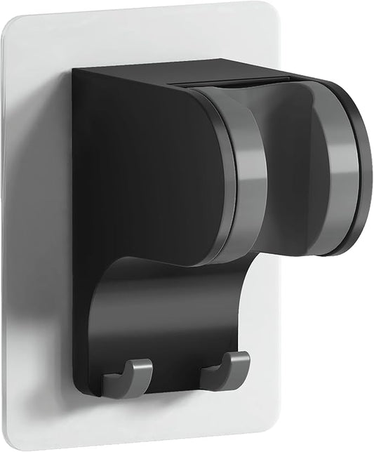 HANLIAN Strong Adhesive Handheld Shower Head Holder Without Drilling, 50° Adjustable Shower Wand Holder Wall Mount with Hooks, Waterproof Hand Held Showerhead Bracket with Hanger(Black, 1 Piece)