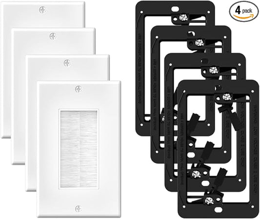 Brush Wall Plate with Mounting Bracket, 4 Pack Cable Pass Through Decorator Cover for Low Voltage Wires, Single Gang Cord Hider for TV Home Theater System