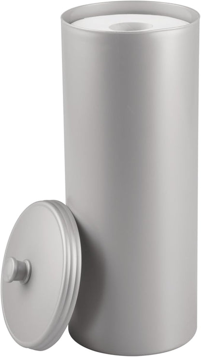 iDesign Freestanding Bathroom Toilet Paper Storage Holder with Lid for 3 Extra Rolls, Silver