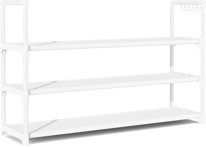 Shoe Rack for Closet Shoe Organizer Space Saver Storage for 12-15 Pair Shoe Shelf with Hook Free Standing 3 Tier Shoe Rack Organizer for Entryway, Small Spaces, White