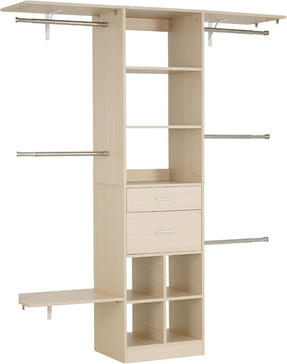 VEVOR Closet System with 2 Drawers, Adjustable Height Wooden Closet Organizers, Modern Walk-in Wardrobe Organization with 5 Retractable Clothes Hanger Rods, Freestanding Garment Rack Storage, Grey