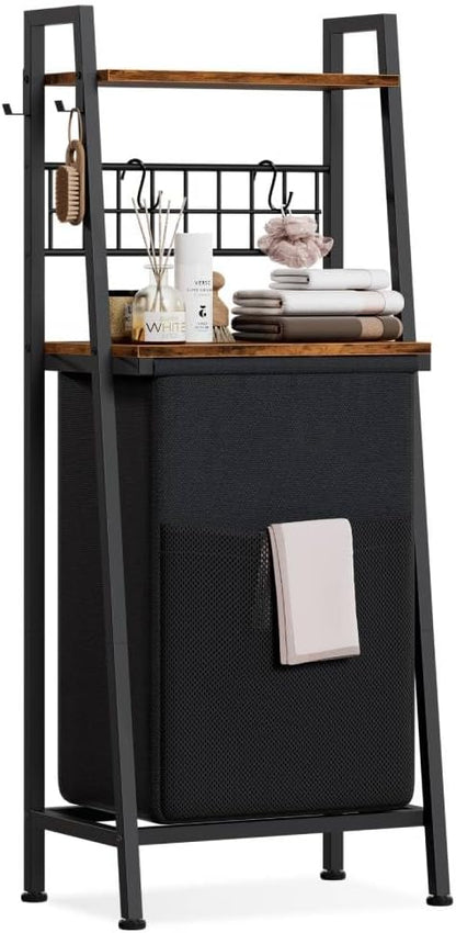 Furnulem Laundry Hamper, Vertical Laundry Basket with 2 Tiers Wooden Shelf and Hooks, Clothes Hamper with Pull-Out and Removable Bag for Bathroom, Bedroom, Dorm, 13.21 Gallons (50L)